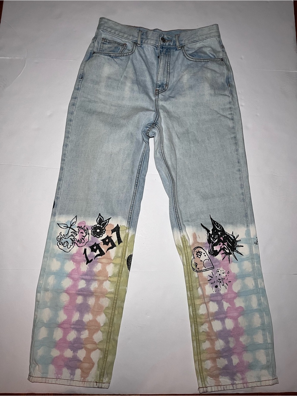 BDG Y2K Tattoo Graffiti Print Straight Leg Jeans Pastel Rainbow Tie Dye UO